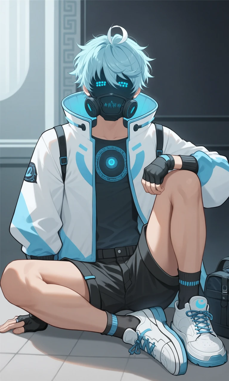 score_9, score_8_up, score_7_up, masterpiece, best quality, lots of details, (close-up), ((1boy)), male focus, solo, slim, IOAI, white ahoge, black shorts, blue hair, mask, reticulated eyes, glowing, long sleeves, looking at viewer, high collar, black t-shirt, white sneakers, fingerless gloves, black socks, sitting, white jacket, shaded, detailed shading, detailed skin, shaded skin, realistic shading, Expressiveh, countershading:1.1, virtual space, <lora:add-detail-xl:0.7>, <lora:Smooth Anime 2 Style SDXL_LoRA_Pony Diffusion V6 XL:0.8>, <lora:Expressive_H:0.8>, <lora:IOAI_XL_V10_OPT:0.9>