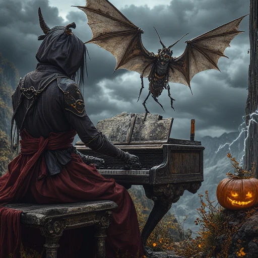 cloudy sky, damaged, hood down, demon wings, mountain, soldier, animal ear headphones, bandaids on nipples, electricity, jack-o'-lantern, candle, bug, ahoge, mechanical arms, red skirt, bridal gauntlets, piano