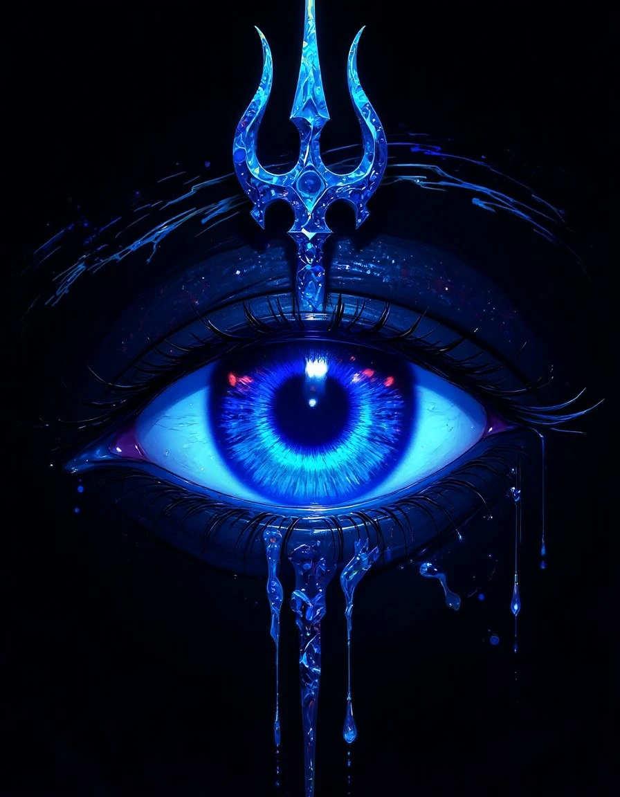 in the style of l0f14rt a blue eye with a trident on top of it, surrounded by a dark background. The eye is animated and there is text at the bottom of the image, likely related to the Lord of the Rings. <lora:lofiart-flux:1> in the style of l0f14rt