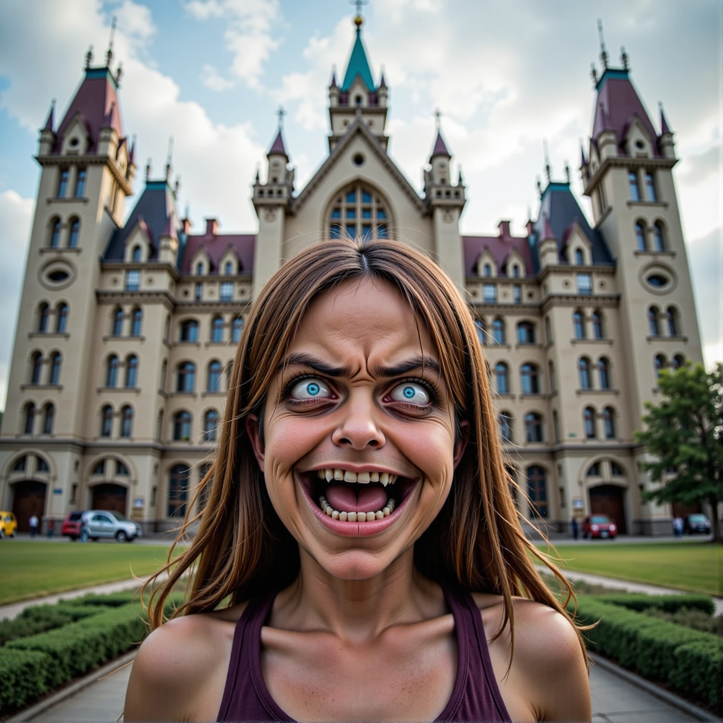 realistic wide angle photo of Canadian parliament building.  standing out front is  a girl with gesugao facial expression (constricted pupils, ((evil grin)), disgust, very angry, glowing eyes, zombie<lora:gesugao.FLUX:1>