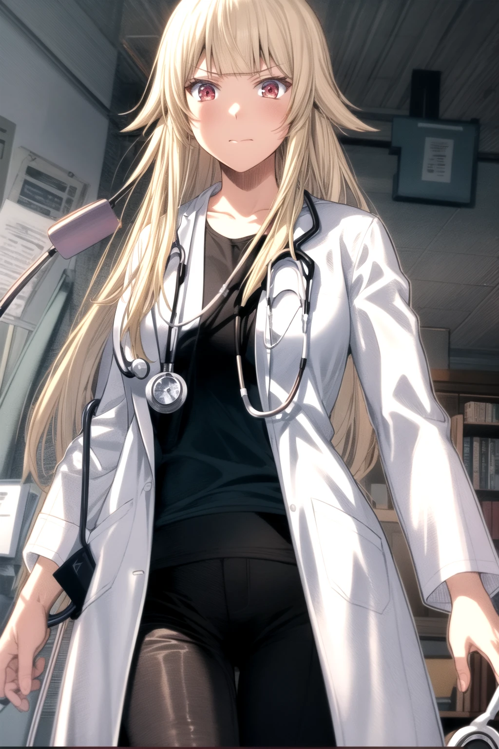 mina_tachibana, (long hair, blonde hair:1.2), blunt bangs, red eyes, (large breasts:1.2), (wide hips:1.2), (black pants:1.3), (lab_coat, white jacket:1.2), (white shirt:1.2), (doctor, stethoscope:1.2), cowboy shot, looking at viewer, front view, indoors, dark room, day, walking, legs together, (closed mouth:1.2), 8k, very detailed, masterpiece, best quality, best aesthetic, anime, ultra detailed