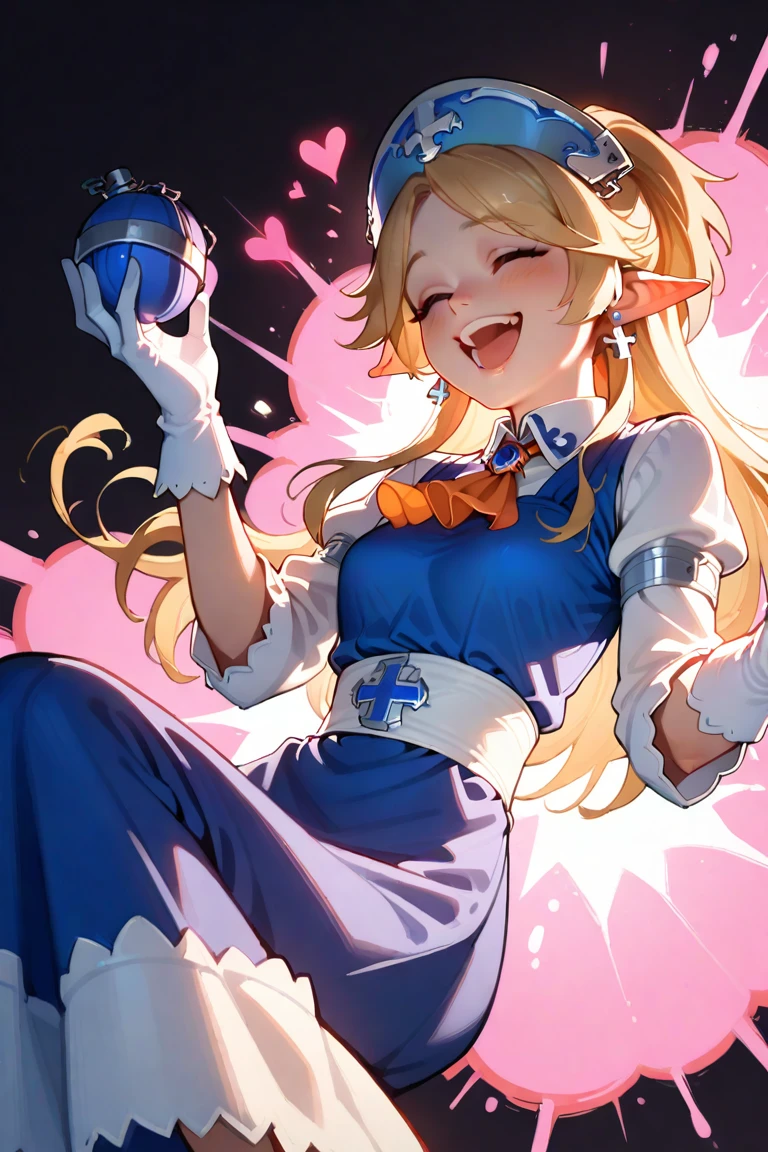 1girl, solo, yukaridef, hat, cross earrings, blue dress, orange ascot, white shirt, white gloves, holding grenade, laughing, leaning back, closed eyes, dark background, pink explosion, heart background, feet out of frame, three quater view, backlightling, masterpiece, best quality, very aesthetic, absurdres