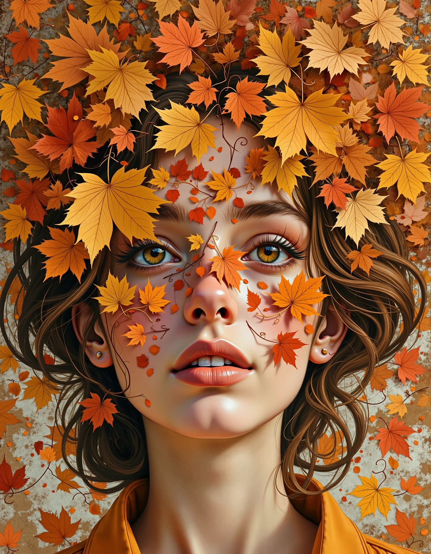 An abstract illustration of a woman's face covered in leaves. <lora:autumncore:0.6> autumncore