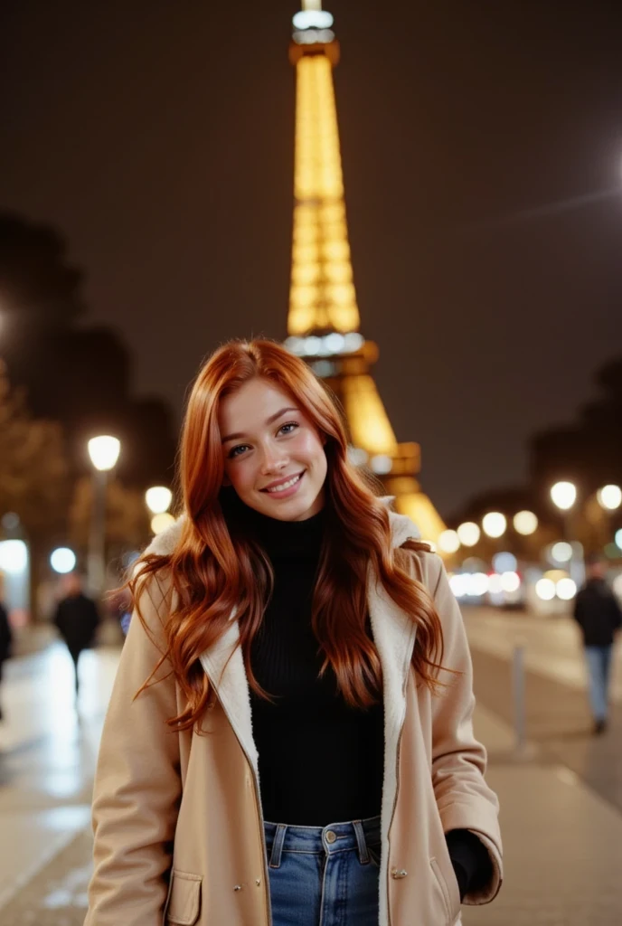 This photograph captures a young woman named vanessa with striking long, vibrant red hair standing in front of the Eiffel Tower at night. The woman, who appears to be in her mid-20s, has fair skin and a cheerful expression with a broad smile. She is dressed in a cozy, light beige, fur-lined parka with a high collar, which contrasts against her dark black turtleneck. She also wears high-waisted blue jeans that accentuate her slim figure. The background features the iconic Eiffel Tower illuminated with warm yellow lights, casting a golden glow against the dark night sky. The tower's structure is slightly out of focus, adding a dreamy, romantic atmosphere. The blurred background also includes several streetlights and a few pedestrians, suggesting a bustling urban setting. The overall color palette of the image is warm, with the woman's hair and the Eiffel Tower lights providing a striking contrast against the cooler tones of the night sky and the streetlights. The photograph captures a blend of modern fashion and classic Parisian landmarks, evoking a sense of urban elegance and timeless beauty.