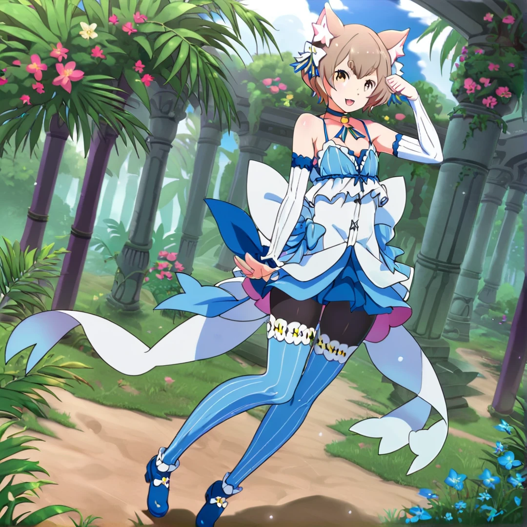 <lora:Felix:1>, felix, has flax colored hair and yellow eyes, has an cutesy face, his casual wear consists of a blue collar with a ribbon, a blue dress, black tights, blue leggings, blue shoes, white arm covers, and a blue scarf tied around his right arm, solo, in a jungle, looking at viewer