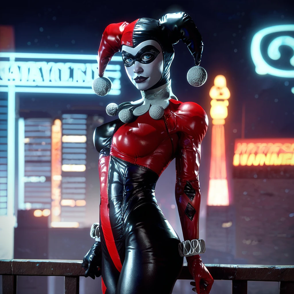 score_9, score_8_up, score_7_up, score_6_up, score_5_up, score_4_up, rooftop, outdoors, gotham, red neon lights, night, night sky, black sky, motion lines, front view, A girl standing, looking at viewer, sexy, smiling, 1girl, harley quinn, jester cap, black mask, pale white skin, black lips, white collar, har1992, black and red suit, blue eyes without pupils bubble-butt, huge-boobs, skinny, skinny waist, slut, slutty, horny, perfect face, perfect anatomy,  <lora:harley_quinn_classic_batman_arkham_knight_pdxl:1>