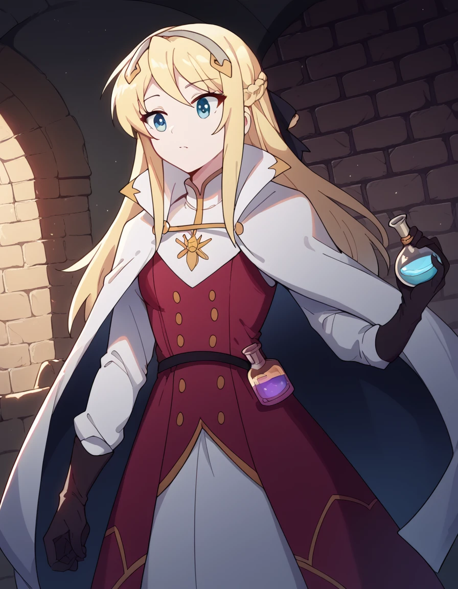 score_9, score_8_up, score_7_up, source_anime, <lora:hildegard-minas-lestia-s2-ponyxl-lora-nochekaiser:1>, hildegard minas lestia, long hair, blue eyes, blonde hair, braid, french braid,, <lora:wizard-ponyxl-lora-nochekaiser:1>, wizard, wizard hat, robe, dress, long sleeves, gloves,, indoors, bricks, potion, flask, vial,, cowboy shot,, , dutch angle, cowboy shot