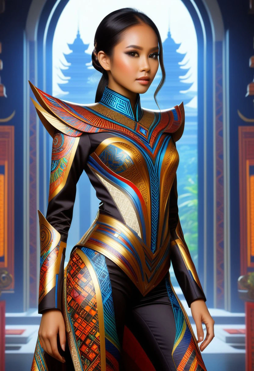 (high quality), (masterpiece), (detailed), 8K, Hyper-realistic painting of a young Indonesian woman wearing a futuristic suit that blends traditional patterns and vibrant colors, showcasing the rich heritage of Indonesia. She stands confidently in a dynamic pose, her detailed eyes reflecting determination and curiosity. The suit's material is a combination of traditional textiles and futuristic synthetic fabrics, giving it a unique and avant-garde appearance. Physically-based rendering techniques create realistic lighting and shadows, while the vivid colors capture the essence of Indonesian cultural aesthetics. The background features a fusion of modern architecture and traditional elements, creating a harmonious blend of the past and the future. This artwork explores the intersection of Indonesian culture, futuristic design, and the artistic representation of a confident girl.