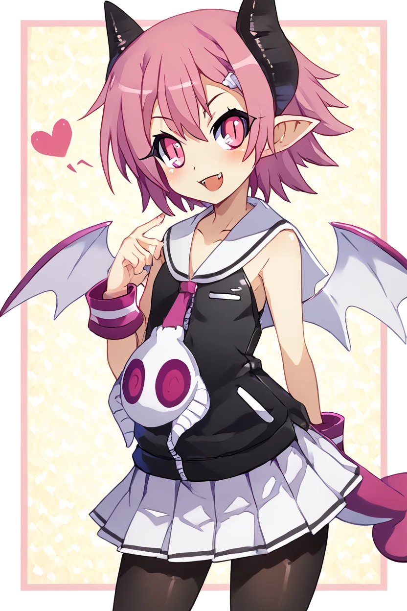 score_9, score_8_up, score_8, medium breasts, (curvy), cute, eyelashes,       BREAK, , ,,,   zzRaspberyl, pink eyes, pink hair, short hair, demon horns,  wings, tail, pantyhose, skirt, black pantyhose, demon wings, sailor collar, white sailor collar,  <lora:Raspberyl_Disgaea_PDXL:1.0>,   ,,,, BREAK, smile, looking at viewer, cowboy shot, ,,, embedding:zPDXL, Expressiveh, ,,, <lora:PrismaIllya_PDXL_v3:1.0>, <lora:SDXLFaeTastic2400:0.5>, <lora:Expressive_H-000001:0.4>,