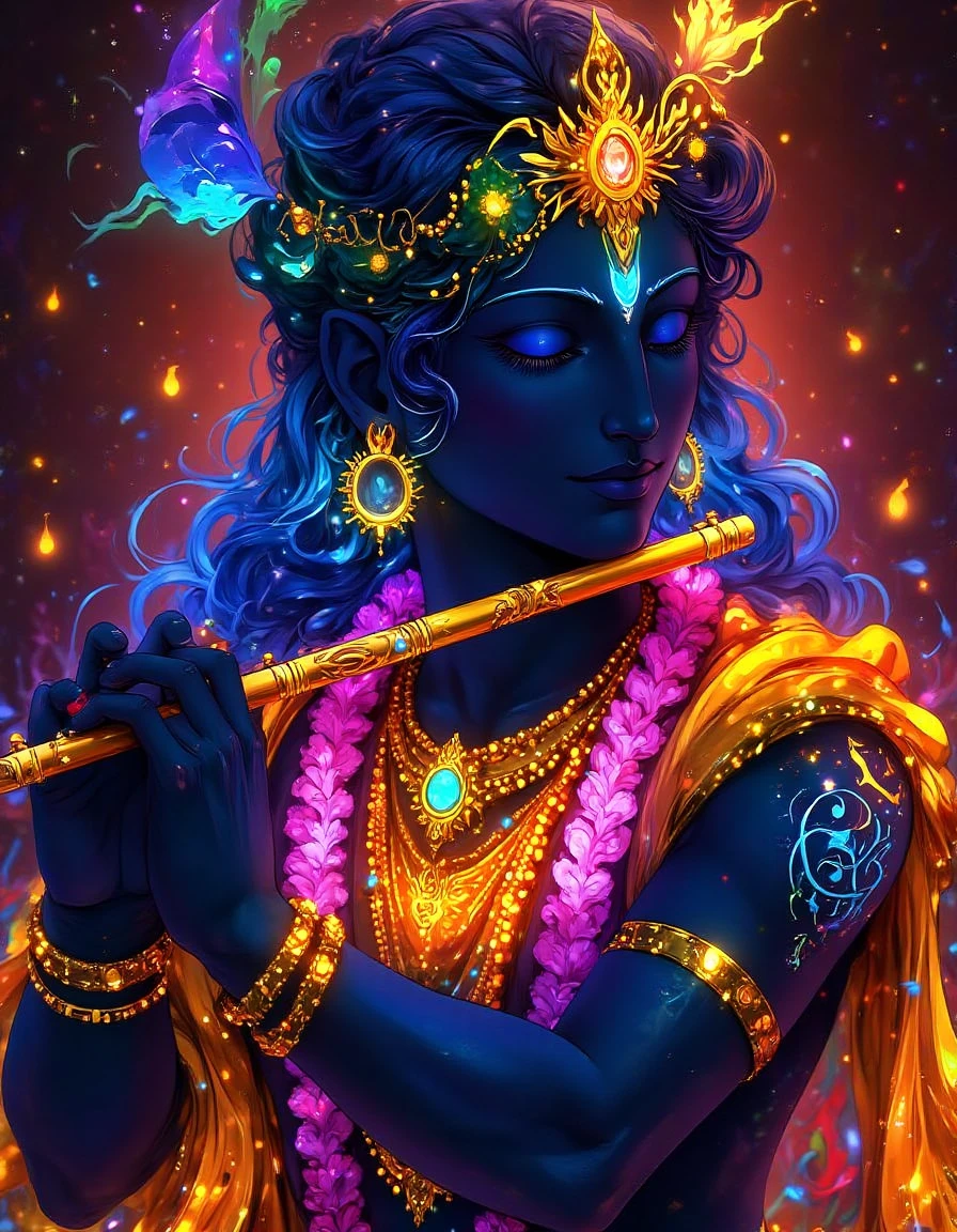 lord krishna playing with his flute, in the style of l0f14rt <lora:lofiart-flux:1>