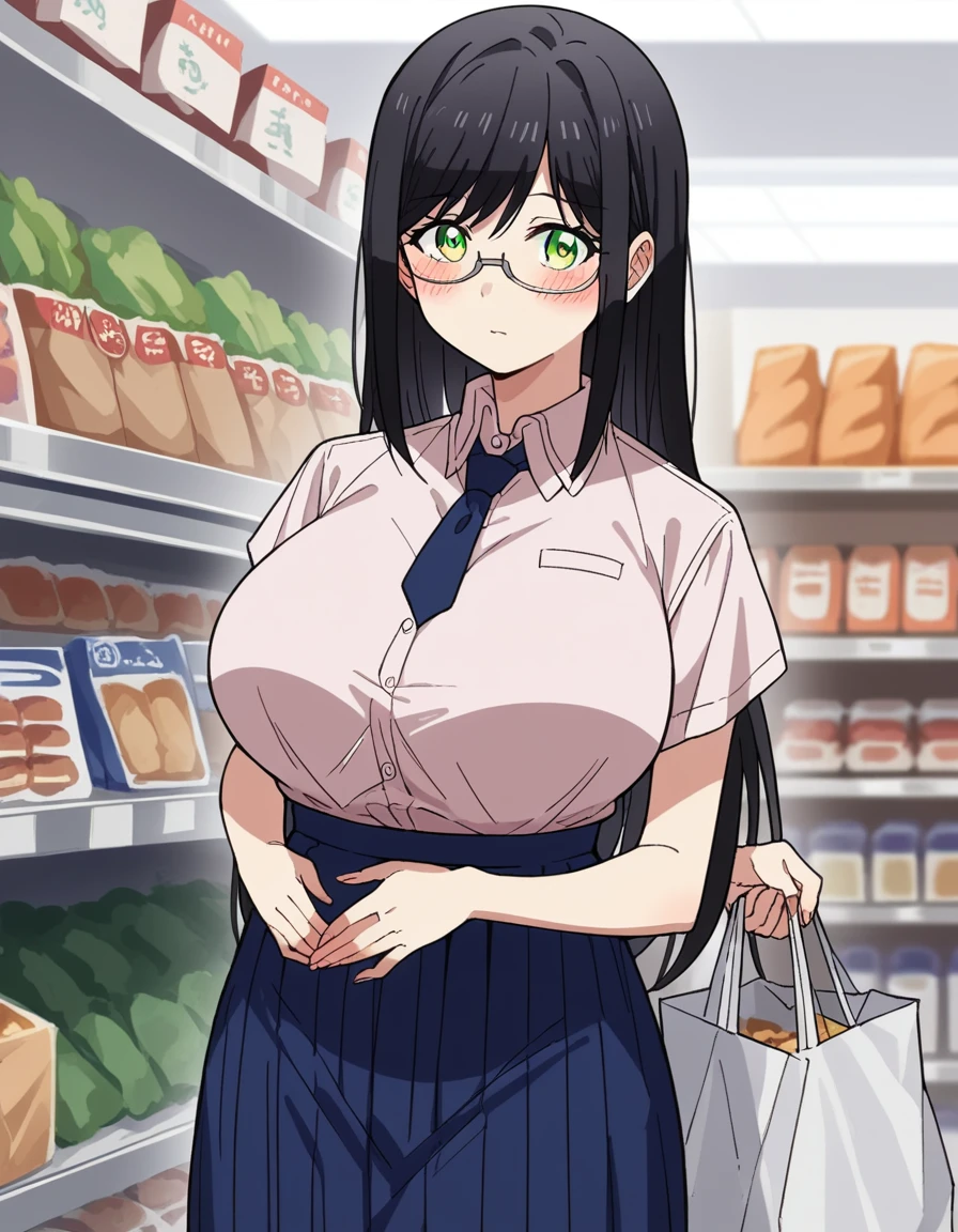 score_9, score_8_up, score_7_up, source_anime, <lora:yuzuki-hanyuu-s1-ponyxl-lora-nochekaiser:1>, yuzuki hanyuu, long hair, black hair, green eyes, glasses, huge breasts,, skirt, shirt, white shirt, pantyhose, necktie, collared shirt, pants, blue skirt, pink shirt, grocery store, cashier, shopping bag, scanning items, small talk, everyday routine, , looking at viewer, hands on stomach, blush,, solo,, dutch angle, cowboy shot