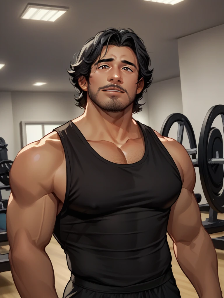 score_9, score_8, bara, black hair, facial hair, brown eyes, <lora:Markiplier_Youtuber:.7>  mark_iplier man, wearing plain black singlet, gym background,