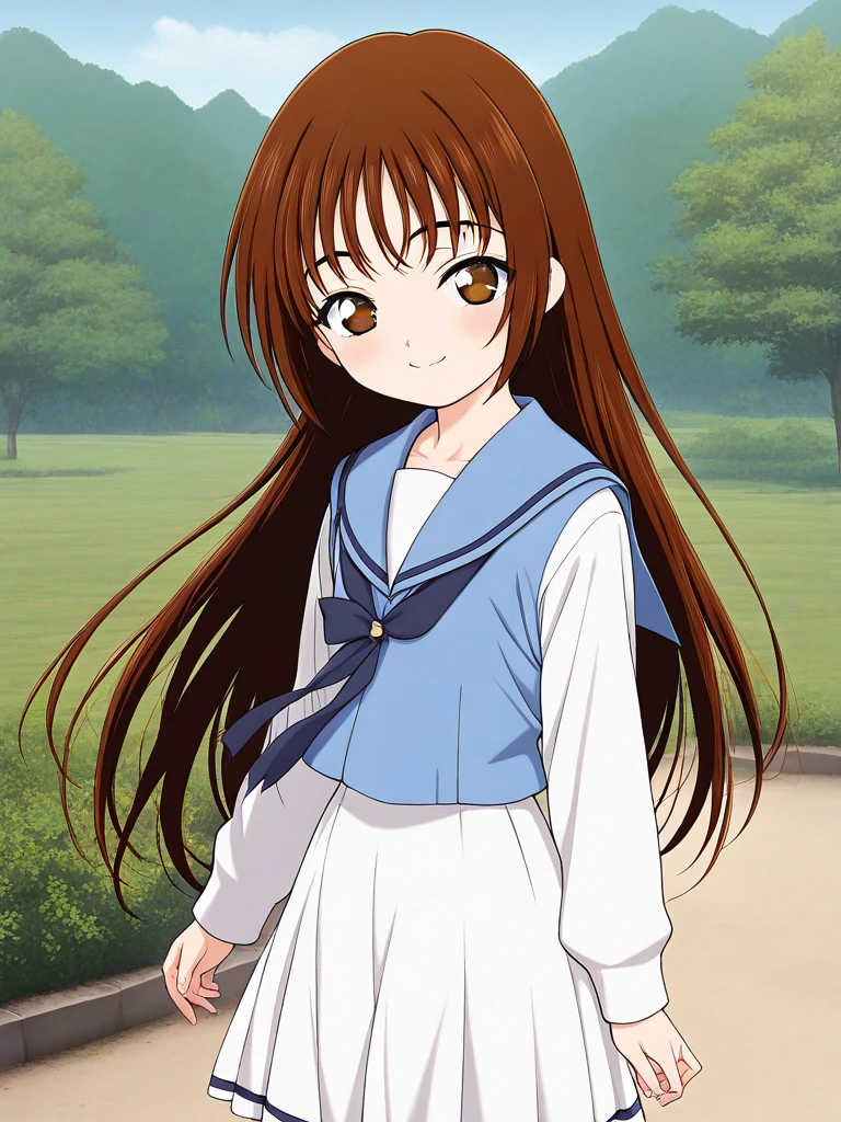 masterpiece, best quality, good quality, newest, <lora:Hayami_Ayumi_IS:1>  Hayami_Ayumi, brown hair, brown eyes, long hair, flat chest, short stack, smile
school uniform, white skirt, white long sleeve,
day, outdoor,