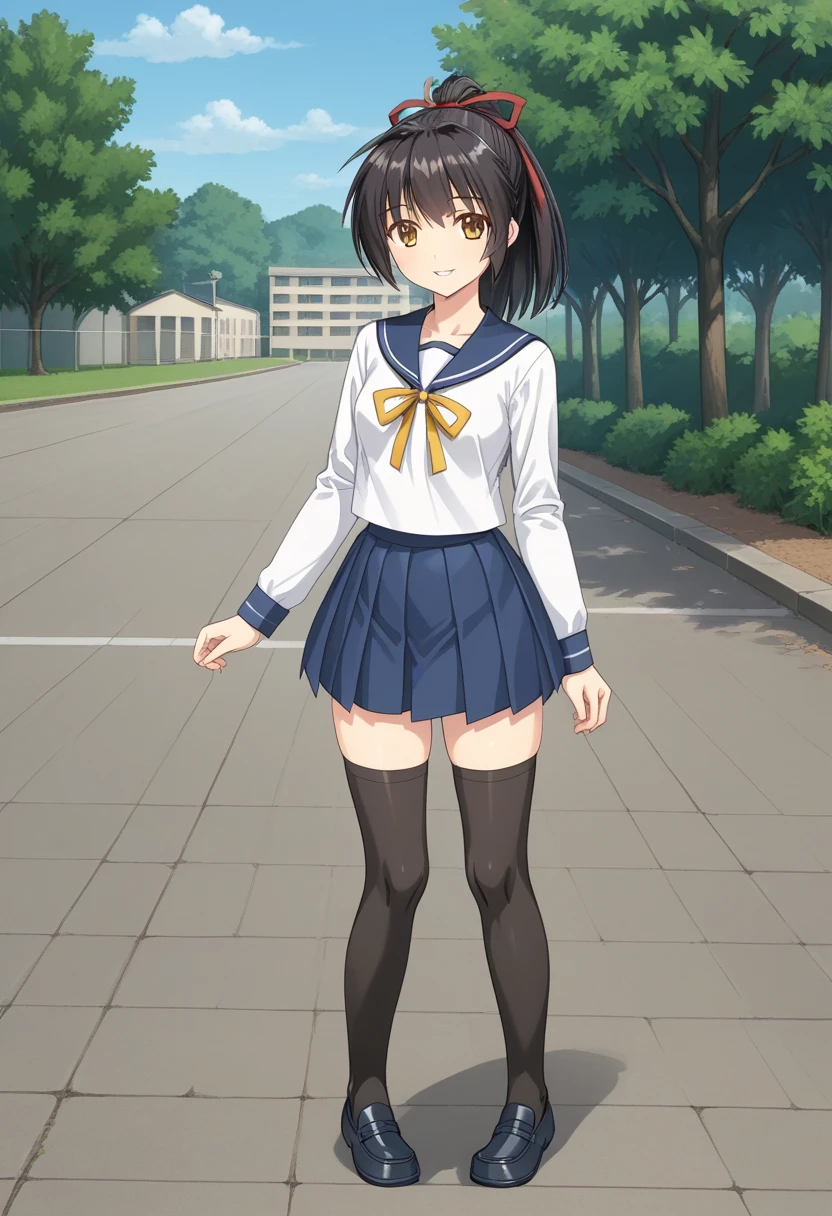 1girl, solo, koyoriamamiya, black hair, ponytail, hair ribbon, red ribbon, yellow eyes, brown eyes, white shirt, long sleeves, blue skirt, serafuku, yellow neck ribbon, black thighhighs, loafers, school uniform, outdoors, campus, standing, smile, full body, parted lips