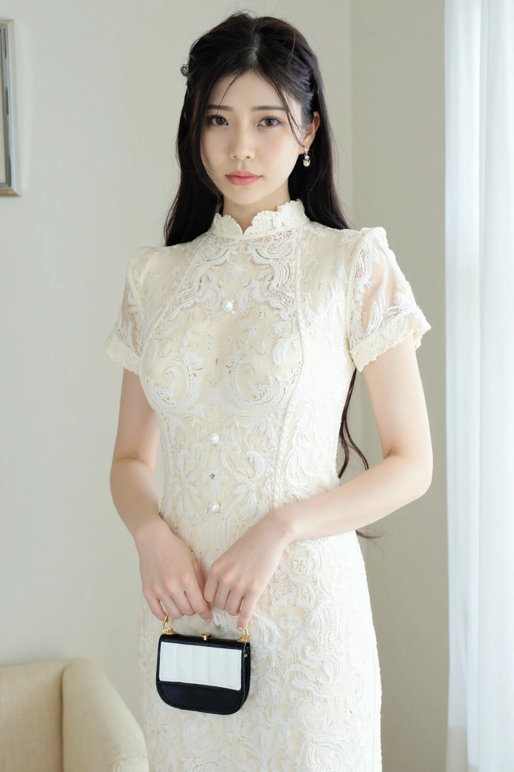 , a photograph of a young woman standing indoors, likely in a modern, well-lit room. She has a fair complexion and long, dark brown hair, styled with bangs and parted to the side. She wears a light-colored, short-sleeved dress with a textured pattern, featuring a white background with small, gold-colored dots. The dress has a high collar adorned with intricate lace detailing. Her accessories include a pair of small, round, pearl earrings and a black headband that sits just above her forehead. She holds a small, black handbag with a white and black striped front, and a gold-colored handle. The background features a light-colored wall with a small, rectangular mirror mounted on it, reflecting part of the room. The overall style of the photograph is bright and modern, with a clean, minimalistic aesthetic. <lora:flux_realism_lora:1> <lora:Kamiki_Rei_lora_v1.0:1>