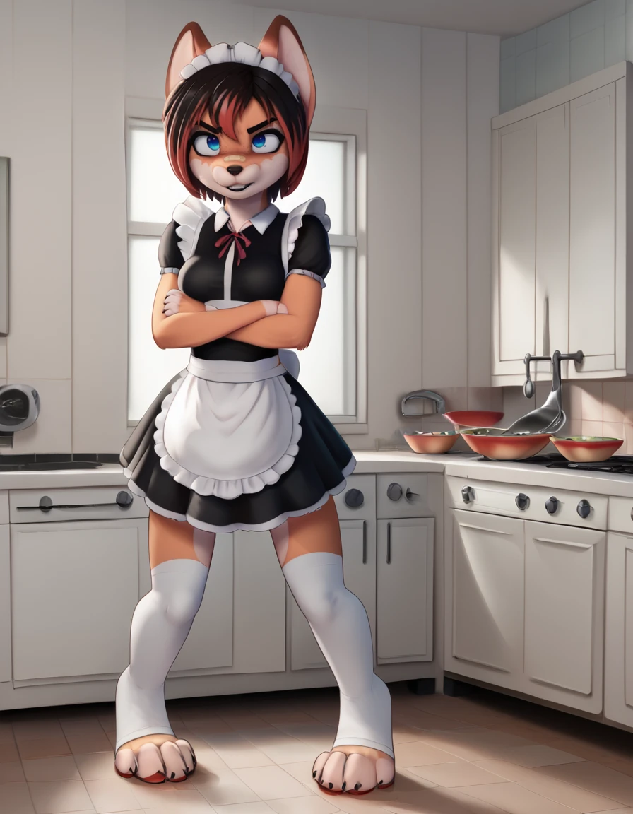 kitchen, 
Kayla,1girl,solo,animal ears,furry,multicolored hair,furry female,short hair,black hair,red hair,blue eyes,two-tone hair,freckles,animal nose,smile,bangs,two-tone fur,nose bandaid, black lips,
angry,crossed arms, 
full body, medium breasts,
maid,maid headdress, white toeless legwear, 
<lora:Kayla_v03_PDXL:1>,
<lora:add-detail-xl:1>,
 <lora:AdvancedEnhancerXLv2:1> movie still, film still, cinematic, cinematic shot, cinematic lighting, macro shot, 35mm film,