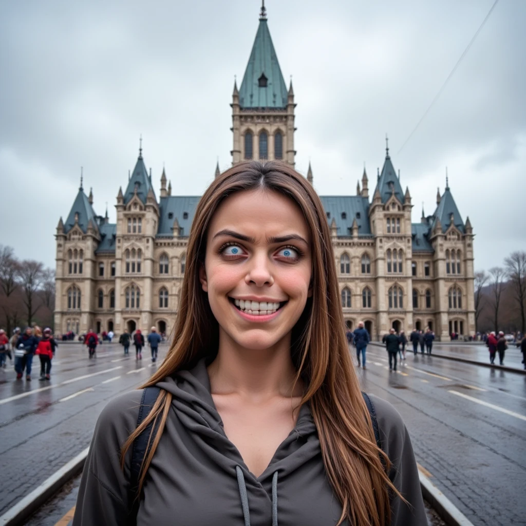 realistic wide angle photo of Canadian parliament building. standing out front is a girl with gesugao facial expression <lora:gesugao.FLUX:1>