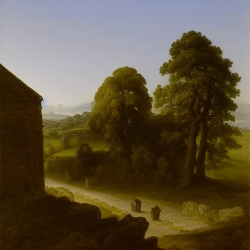 romanticism, oil painting, landscape with a stone building and trees
