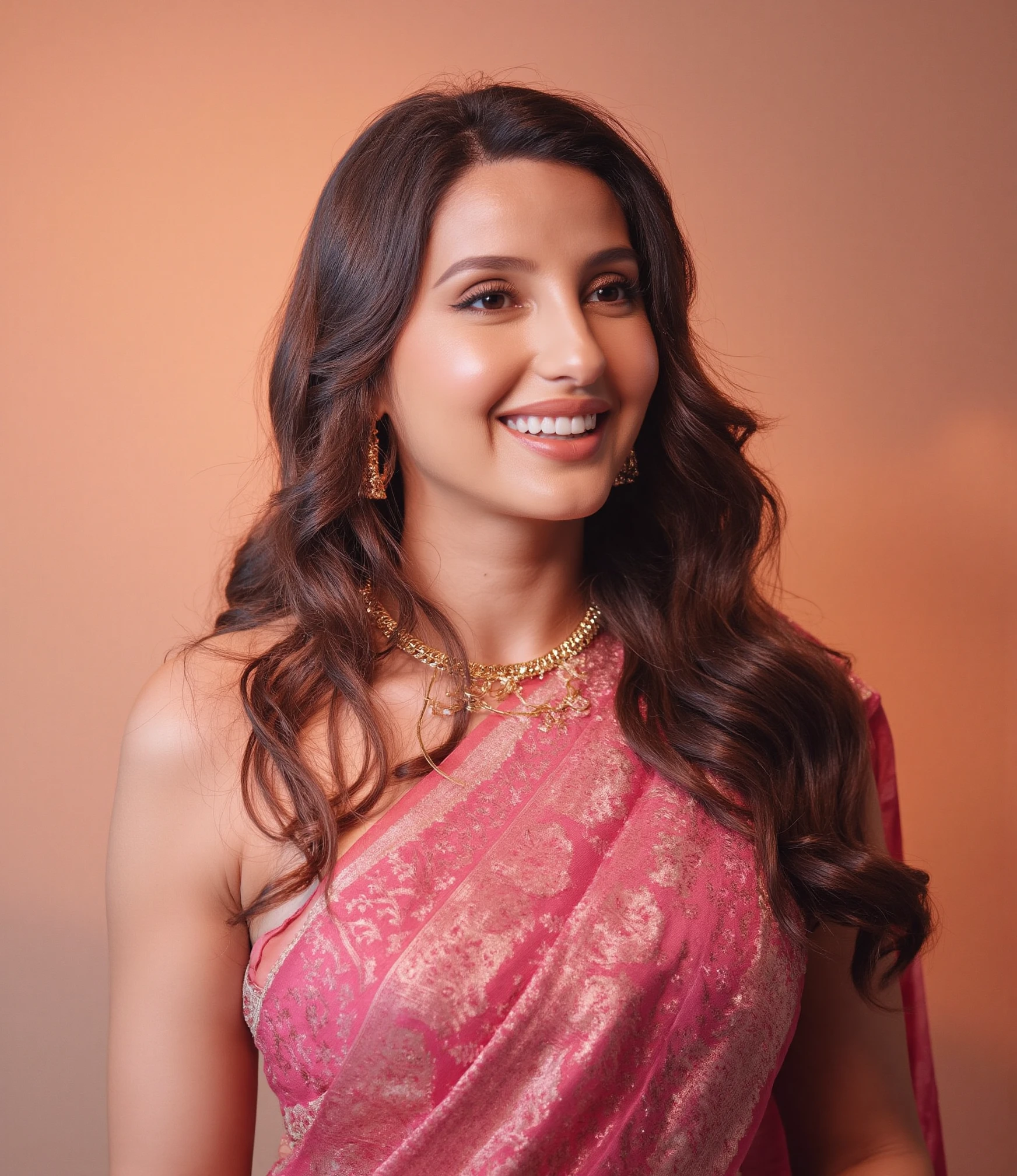 "portrait photo of a pretty women noraf, minimal jwellerys, smiling, (high detailed skin:1.2), Upper body, in saree, 8k uhd, dslr, soft lighting, high quality, film grain, Fujifilm XT3"