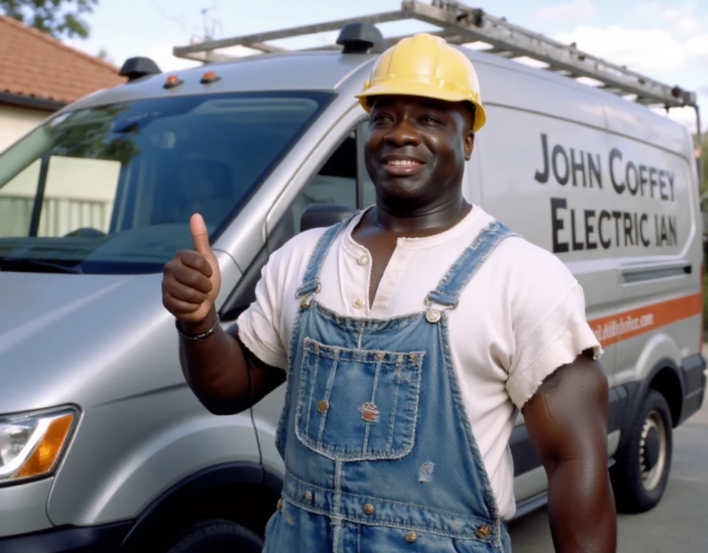 John Coffey is a bal man. He wears a jean overalls and a white tshirt and a hardhat. He pose smiling an thumbs up in front of a utility van with the text "John Coffey - Electrician"<lora:John_Coffey:0.9>