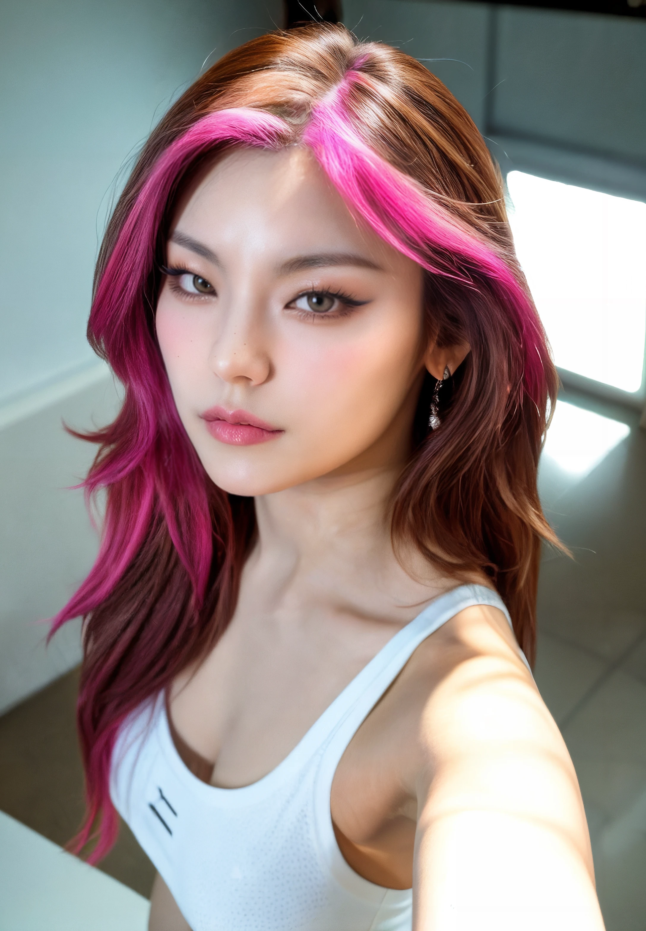 Photography, Portrait, taken with DSLR, F/2.8, (High quality), (masterpiece), realistic, 8K, hwangyeji, (selfie, pov, from above), [white tank top], [realistic background,indoors, blurry background, extremely detailed background], (model, posing)[long hair, brown hair, pink hair],  <lora:Yejiv2:0.95>