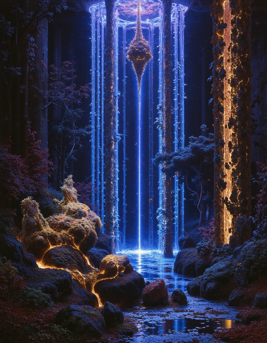 This breathtaking piece by Raqib Shaw showcases his signature style, combining textile art and painting. The foreground features an overgrown gold beam, while the background is a mix of sapphire and copper hues. Obsidian and technicolor elements add depth and contrast to the piece. The ethereal lighting illuminates the scene, casting dynamic shadows across the intricate textures and patterns. The reflective surfaces and the reflecting beams enhance the overall visual impact, drawing the viewer into the surreal world created by the artist.<lora:AS_3:1> <lora:flux.1_lora_flyway_Epic-detail_v2:0.6> <lora:lora:0.5>