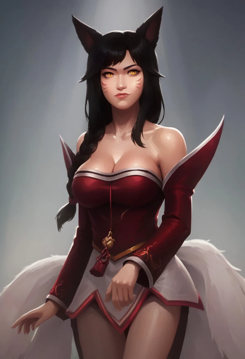 score_9, score_8_up, score_7_up, 1 character, solo, solo focus, cowboy-shot, BREAK, (((1 girl, ahridefault slit pupils, animal ears, facial mark, fox tail, multiple tails, long hair, single braid, black hair, yellow eyes, large breasts, korean clothes, collarbone, bare shoulders, cleavage, detached sleeves))