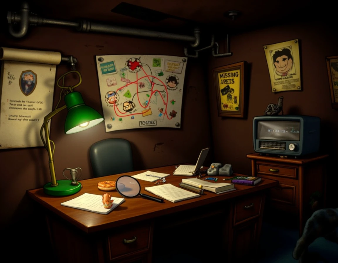 Tony_Tough_Art_Style, This environment is set in a cramped detective's office, filled with papers scattered across an old wooden desk. A green banker’s lamp provides the only source of light, casting a warm glow on the desk cluttered with a magnifying glass, notebooks, and a half-eaten donut. The walls are adorned with maps, conspiracy boards with red string connecting various clues, and yellowing posters of missing pets. The atmosphere feels musty and tense, like something big is about to happen. The room’s old radio crackles with static, adding to the overall feeling of nostalgia and mystery.