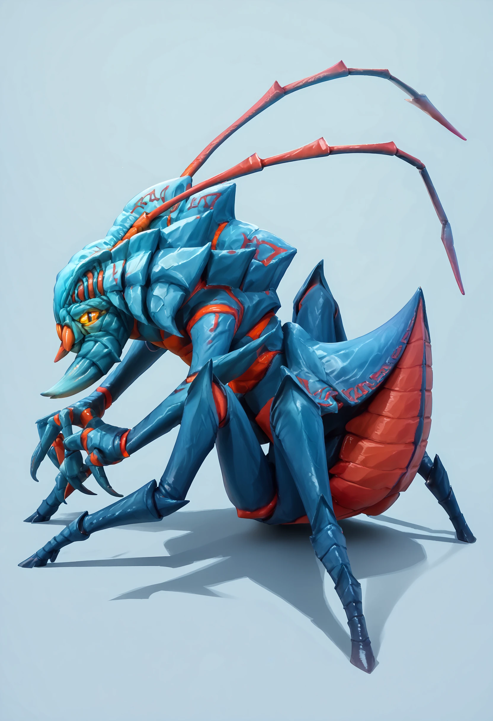 score_9, score_8_up, score_7_up, score_6_up, score_5_up, score_4_up, <lora:WeaverDOTA2:0.85> no humans, antennae, claws, teeth, yellow eyes, yellow sclera, arthropod limbs, full body, from side, 
 light blue background, simple background,