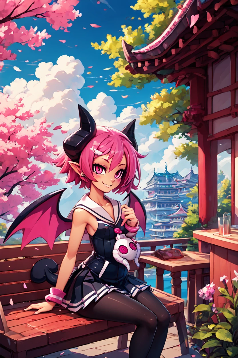 score_9, score_8_up, score_8, medium breasts, (curvy), cute, eyelashes,       BREAK, , ,,,   zzRaspberyl, pink eyes, pink hair, short hair, demon horns,  wings, tail, pantyhose, skirt, black pantyhose, demon wings, sailor collar, white sailor collar,  <lora:Raspberyl_Disgaea_PDXL:0.8>,   ,,,, BREAK, sitting on bench, side view, smile, looking at viewer, cowboy shot,  ,,, BREAK, pnkBldng, sky, day, cloud, tree, blue sky, building, architecture, east asian architecture,  ,,, BREAK, embedding:zPDXL, Expressiveh,  ,,, <lora:PinkBuildingsPDXL_v2:0.6>, <lora:SDXLFaeTastic2400:0.5>, <lora:Expressive_H-000001:0.4>