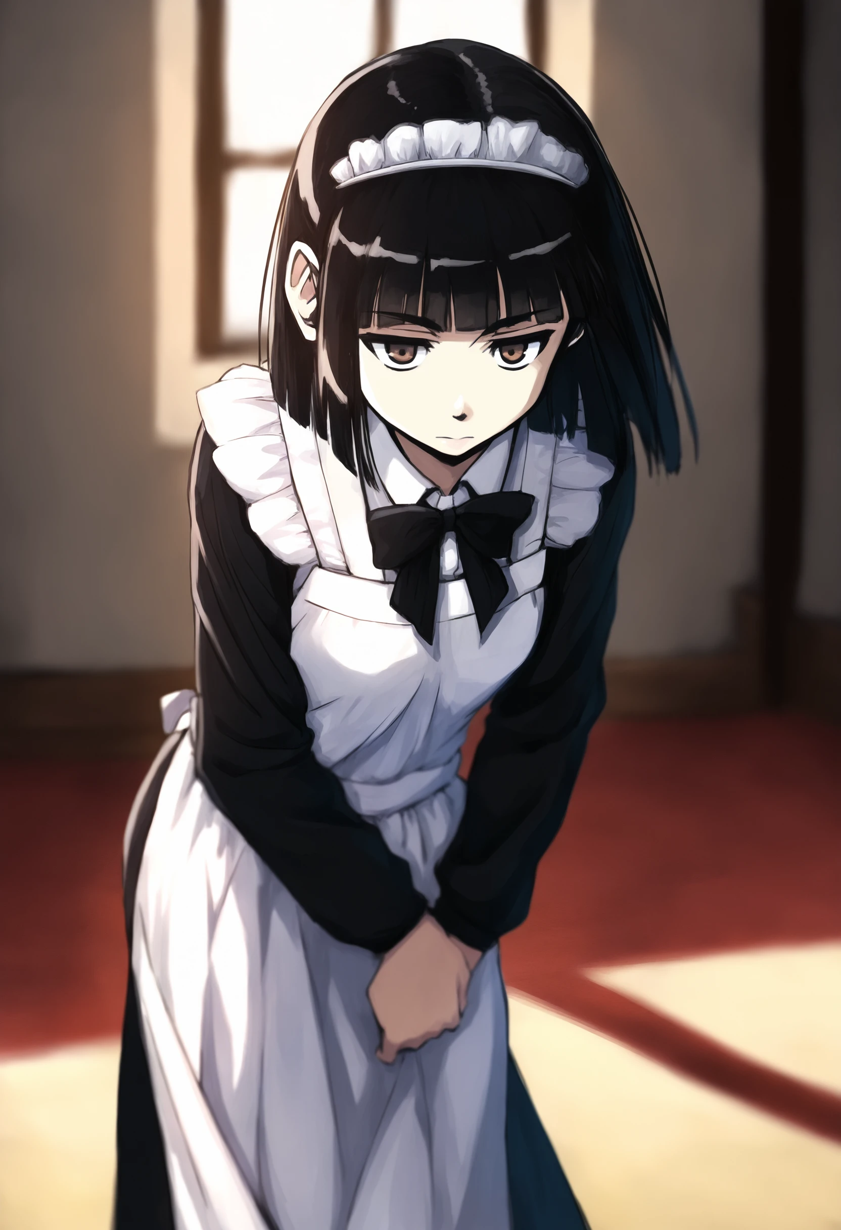 masterpiece, best quality, 1girl, solo,  Abbey, black hair, bob cut, blunt bangs, brown eyes, maid headdress,  white apron, black dress, black bowtie , black sleeves, front view, bowing, indoors,   <lora:Abbey IXL 4-000013:1>