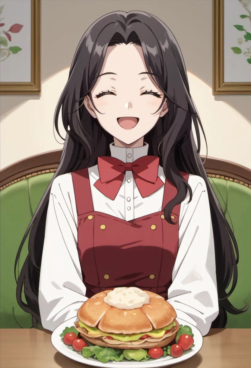 score_9, score_8_up, score_7_up, source_anime, liz cather, long hair, black hair, green eyes, 1girl, solo, closed eyes, smile, red bow, bow, open mouth, white shirt, shirt, bowtie, facing viewer, food