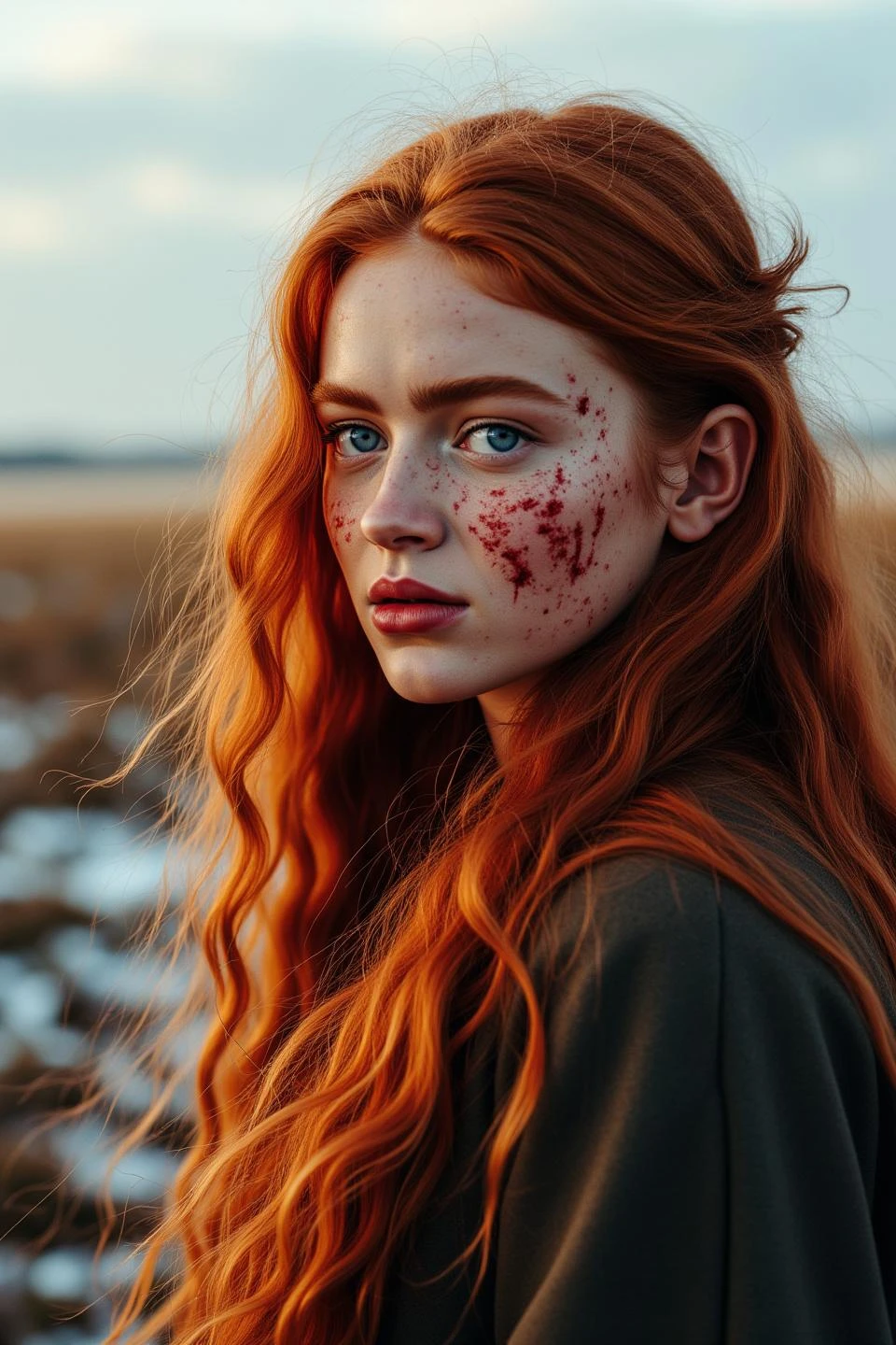 ginger, woman, long hair, green eyes, beautiful, gorgeous, On a Napoleonic battlefield, a ray of light from heaven illuminates his face, In the background a large battlefield covered in snow and blood, Blood stains on her face, 8k, soft lighting, high quality, film grain,