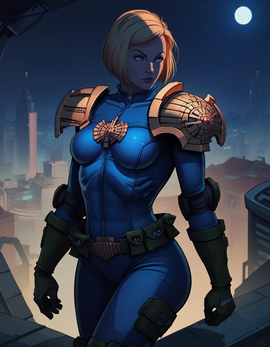 score_9, score_8_up, score_7_up,score_6_up, score_5_up, score_4_up ,
1girl, solo,
large breasts,
jandersondg,
blonde hair, short hair, blue eyes,
armor, blue bodysuit, pauldrons, 
science fiction, city, night,
 <lora:Judge Anderson DG PXL v01-000002:0.90>