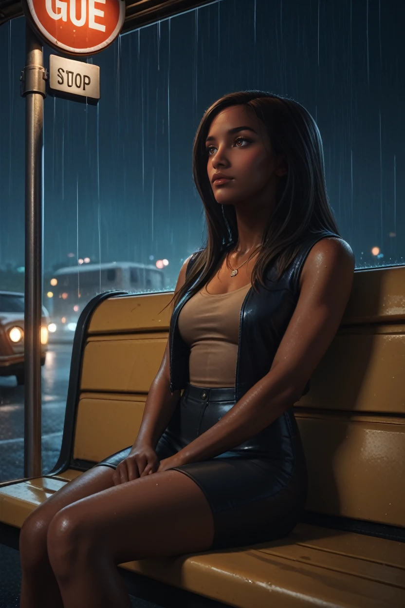 score_9, score_8_up, score_7_up, 
<lora:MEBrooks:0.8>
MEBrooks, 1girl, black hair, brown eyes, dark skin, long hair, bus stop, night, rain, sitting, leaning back, dynamic lighting, modern, vogue