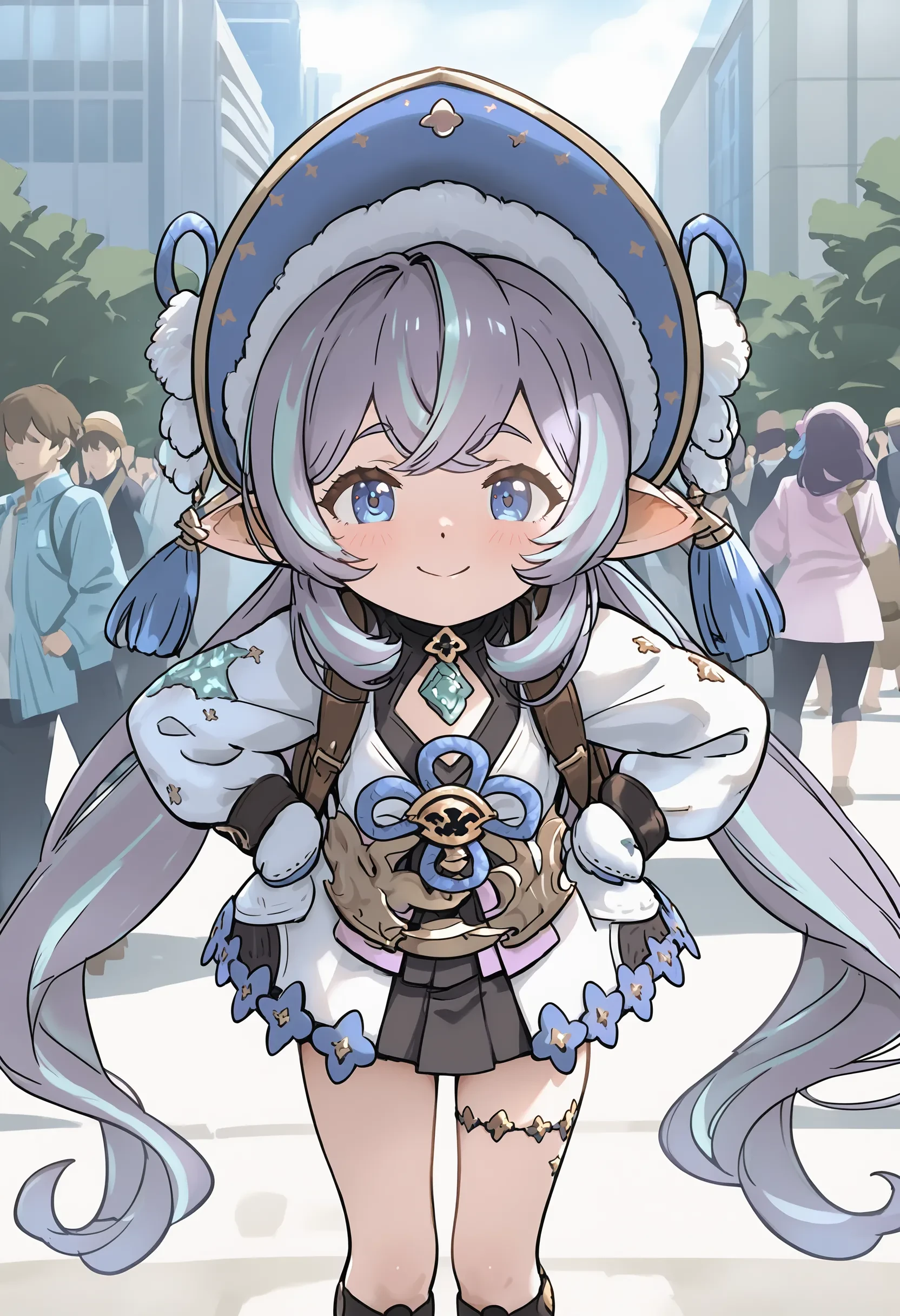 1girl, uruki \(granblue fantasy\), harvin, purple hair, multicolored hair, low twintails, blue eyes, bonnet, hat tassel, dress, long sleeves, mittens, backpack, footwear, 
outdoors, city, japan, audience, crowd, 
standing, hands on own hips, leaning forward, Flirty, A playful smile, arched eyebrows, and a slightly tilted head., general, 
masterpiece, best quality, absurdres, high resolution, 8k, official art, official style, source_anime, uncensored, anime screencap, anime coloring, newest, (ai-generated:0.6) <lora:GBF-uruki_XL(ill)v10:1>