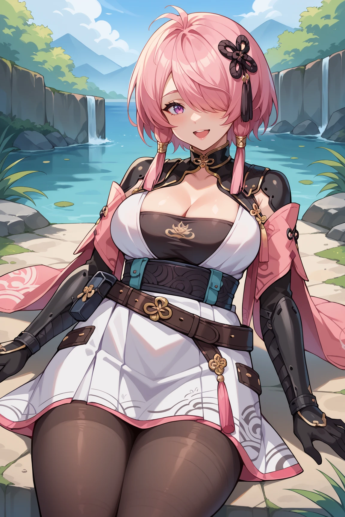 score_9, score_8_up, score_7_up, score_6_up, source_anime, solo, 1girl, taoqi, large breasts, pink hair, pink eyes, hair over one eye, hair ornament, skirt, cleavage, belt, gloves, detached sleeves, tassel, vambrace, shoulder armor, pantyhose, lying, happy, open mouth, outdoors, smile <lora:TaoqiPony:1>