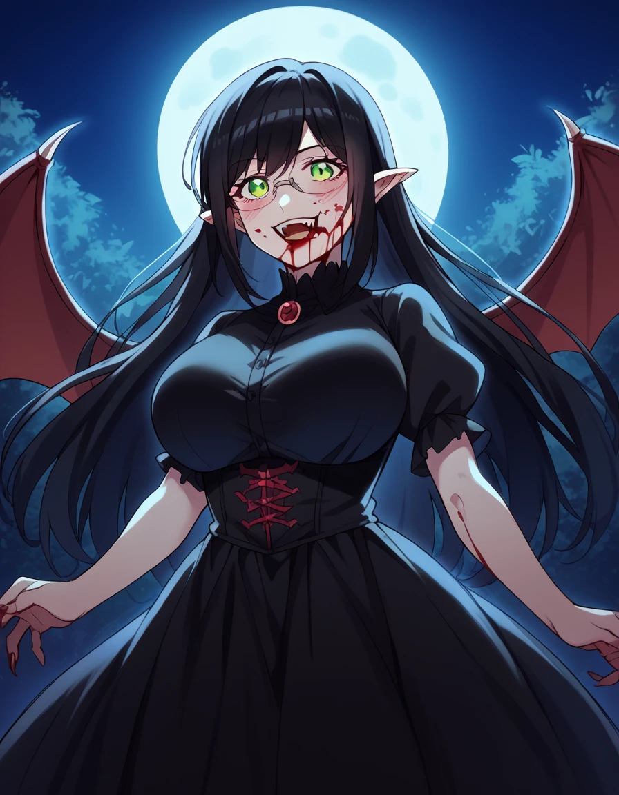 score_9, score_8_up, score_7_up, source_anime, <lora:yuzuki-hanyuu-s1-ponyxl-lora-nochekaiser:1>, yuzuki hanyuu, long hair, black hair, green eyes, glasses, huge breasts,, <lora:vampire-ponyxl-lora-nochekaiser:1>, vampire, red eyes, pointy ears, fangs, black dress, wings, blood, blood on face, blood on mouth, bat (animal), halloween, halloween costume, upper teeth only, night, moon, blush, smile, open mouth, , dutch angle, cowboy shot