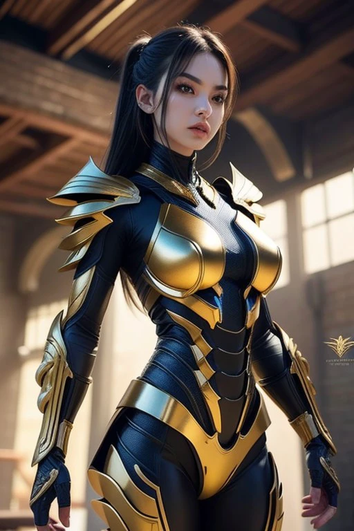 (High quality), (masterpiece), (detailed), 8K, Hyper-realistic portrait of a female warrior, her upper body adorned with intricate armor resembling a scorpion's exoskeleton. (Gleaming metal1.2) reflects the light, accentuating the intricate details of the (scorpion-inspired design1.3). (Menacing claws1.2) extend from her shoulders, while a (tail-like appendage1.2) curves gracefully behind her. (Intense gaze1.3) conveys determination and strength.