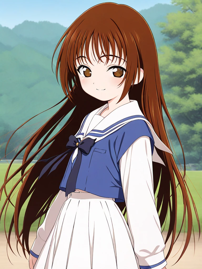 masterpiece, best quality, good quality, newest, <lora:Hayami_Ayumi_IS:1>  Hayami_Ayumi, brown hair, brown eyes, long hair, flat chest, short stack, smile
school uniform, white skirt, white long sleeve,
day, outdoor,