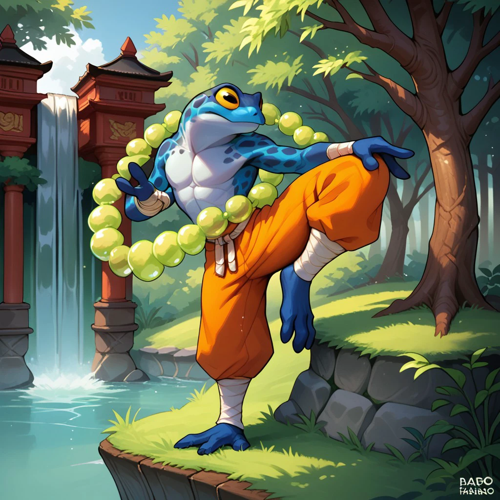 score_9_up, score_8_up, score_7_up, ranno, frog, blue skin, spots, reptile, yellow sclera, 3 toes, 3 fingers, baggy pants, orange pants, bandages, bubble ring, standing on one leg, solo, 1boy, furry, detailed background, asian temple, waterfall, standing on grass hill