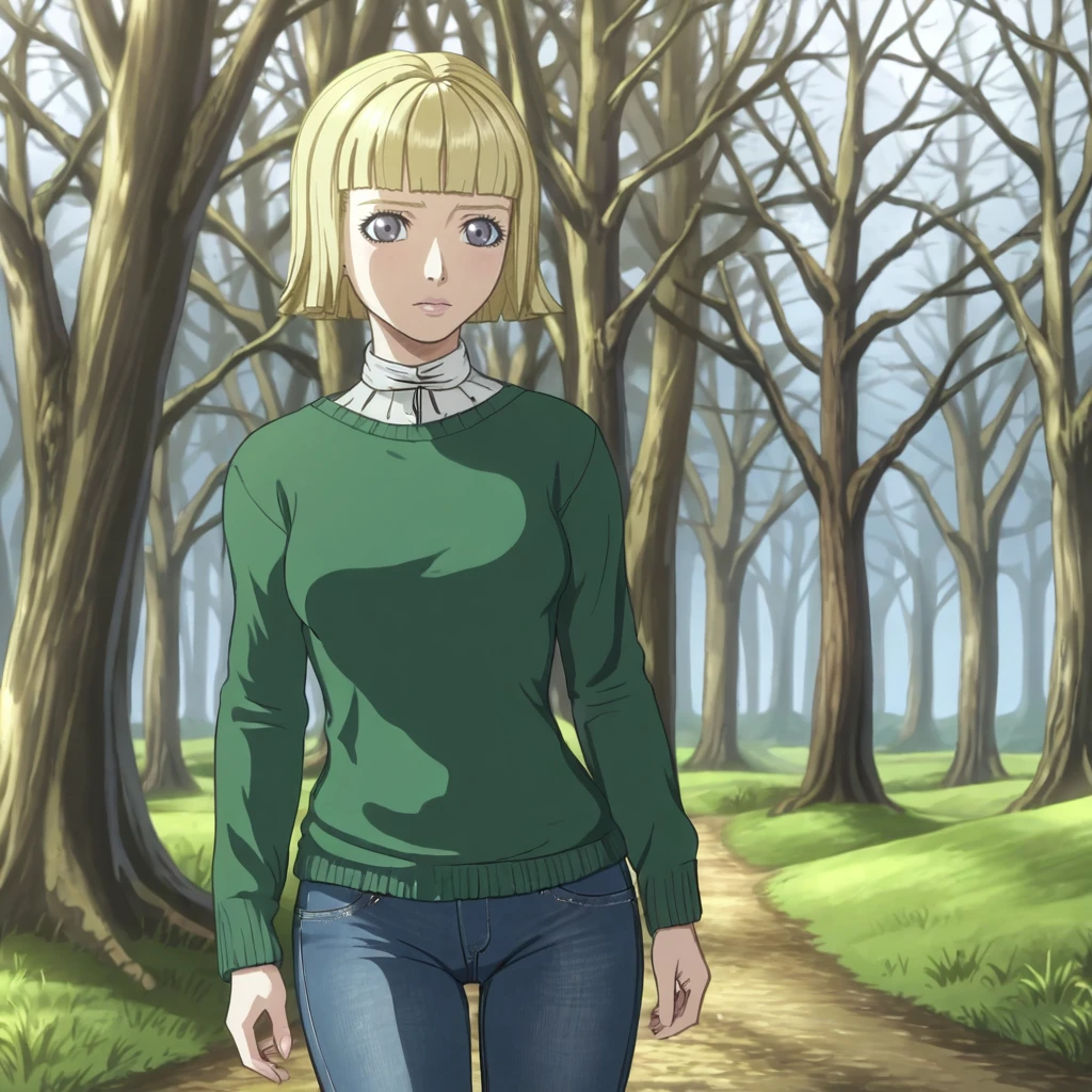 <lora:ladyfarnese_pony_v1:.8>FarneseShortHair, 1girl, blonde hair, short hair, blunt bangs, grey eyes, bob cut,  cowboy shot, sweater, jeans