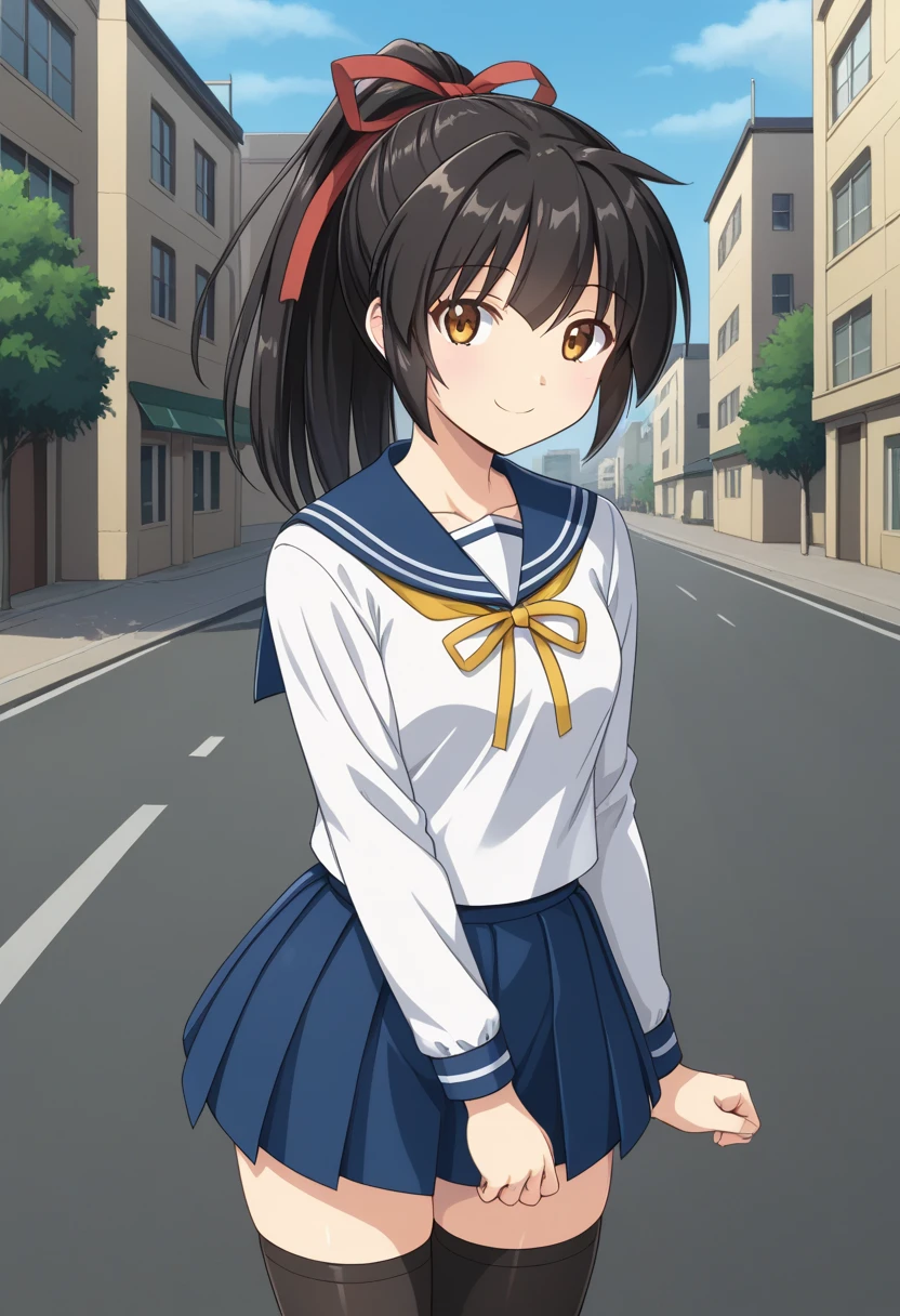 1girl, solo, koyoriamamiya, black hair, ponytail, hair ribbon, red ribbon, yellow eyes, brown eyes, white shirt, long sleeves, blue skirt, serafuku, yellow neck ribbon, black thighhighs, school uniform, outdoors, street, city, standing, cowboy shot, smile