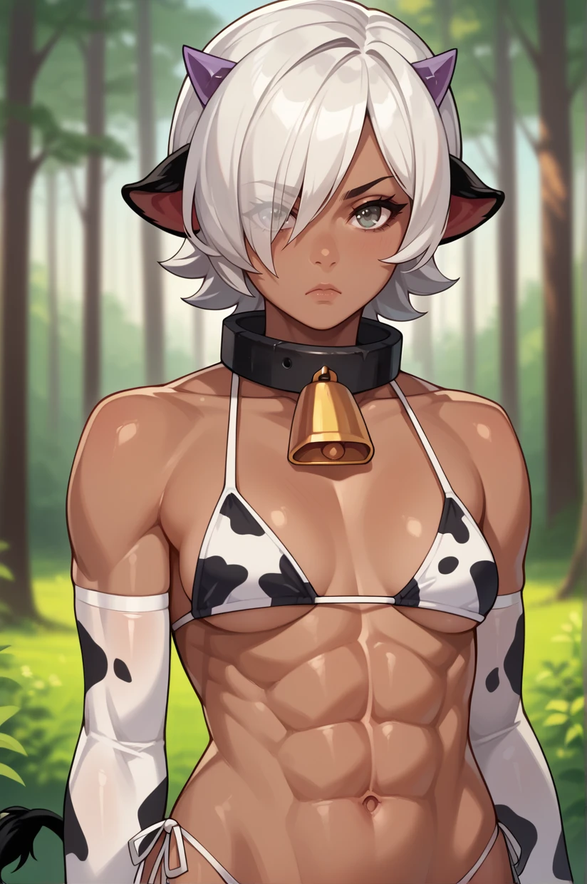 <lora:HolstaurFemale-09:1> HolstaurCM, HolstaurGrazer, Grazer horns, cow girl, cow horns, black horns, cow tail, cow print, dark-skinned female, abs, obliques, short hair, hair over one eye, white hair, grey eyes, small breasts, neck bell, collar, cowbell, hooves, elbow gloves, white gloves, white thighhighs, bikini, forest, blurry background, tree, looking at viewer, serious, staring, 16k, masterpiece, absurdes, highly detailed, highres, high quality, best quality, score_9, score_8_up, score_7_up, score_6_up, looking at viewer, portrait, upper body, close-up, bust