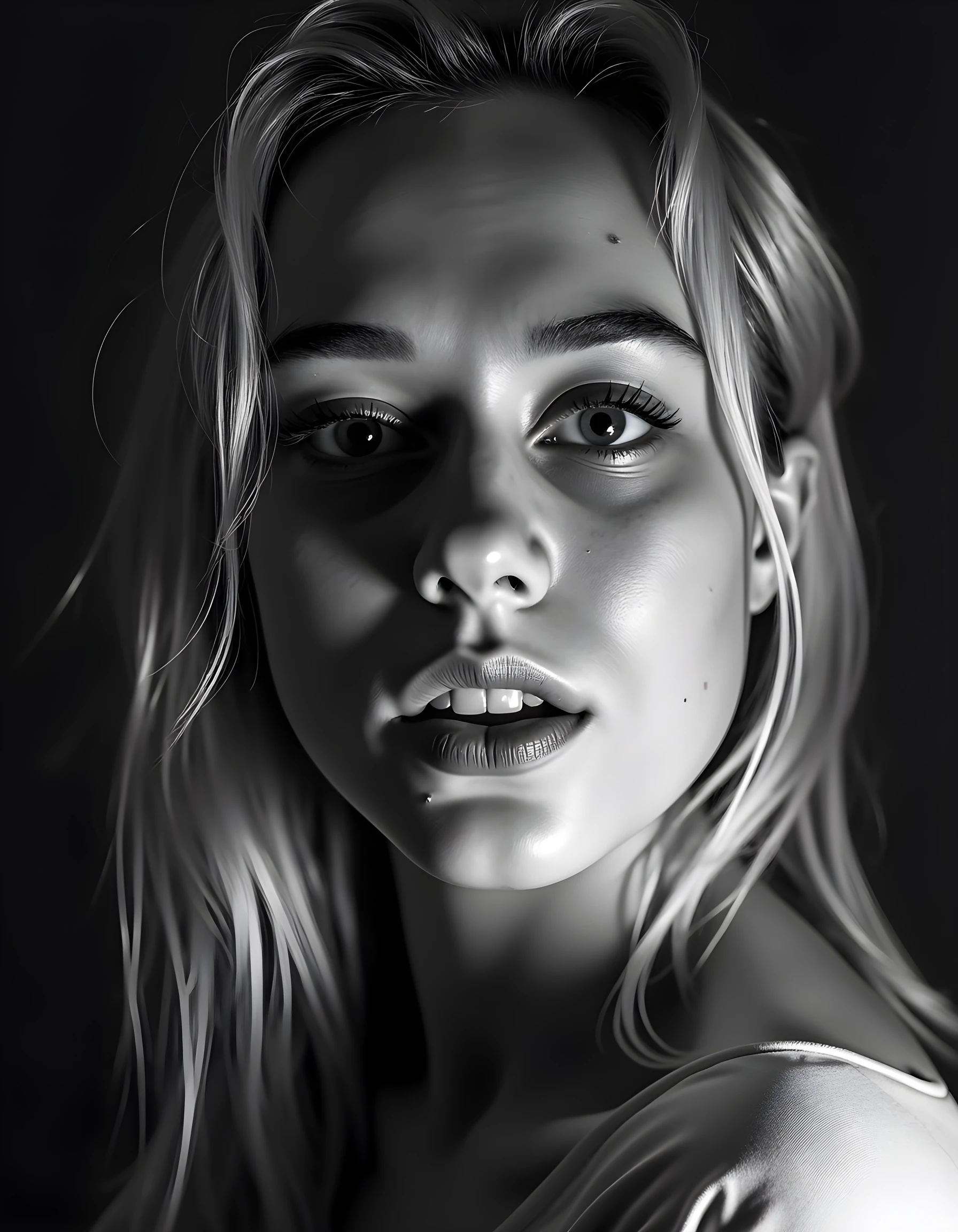 A high-definition, black and white photograph captures B41L3YS, a woman of striking beauty with platinum blonde hair cascading down her shoulders, in an intimate close-up. Her parted lips are slightly pursed, revealing perfectly aligned pearly white teeth, as she gazes directly into the camera lens with an enigmatic intensity. The image is set against a minimalist backdrop of deep shadows and stark contrasts, evoking a sense of mystery and allure, with the soft glow of a single spotlight illuminating her face from below, casting dramatic shadows that highlight her high cheekbones and delicate features. The emotional tone is one of quiet confidence and self-assuredness, as if she holds the power to captivate anyone who dares to gaze upon her image.