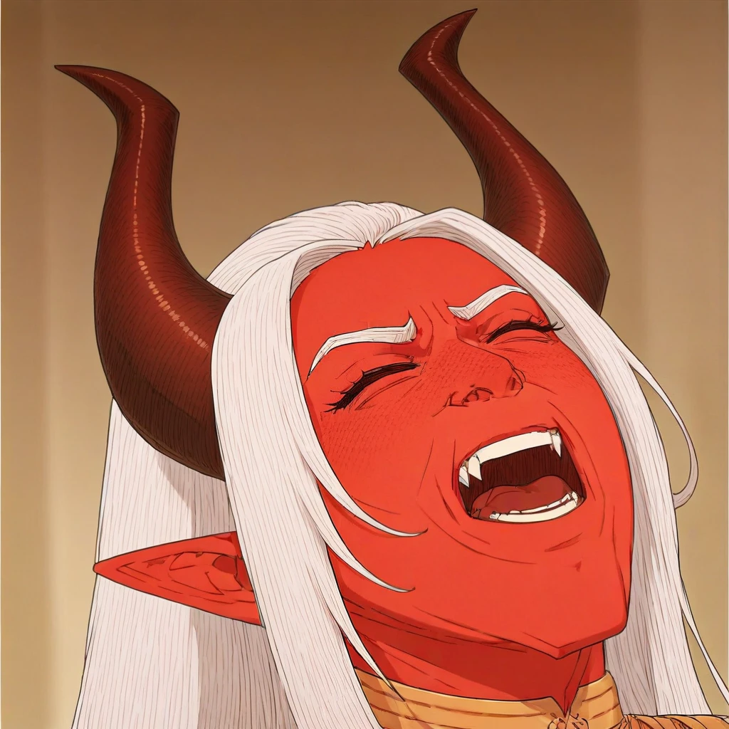 score_9, score_8_up, score_7_up, <lora::JJJlaugh1>  1 girl, demon girl, red skin, white hair, long hair, horns, JJJlaughmeme, laugh, head leaning back, open mouth, closed eyes