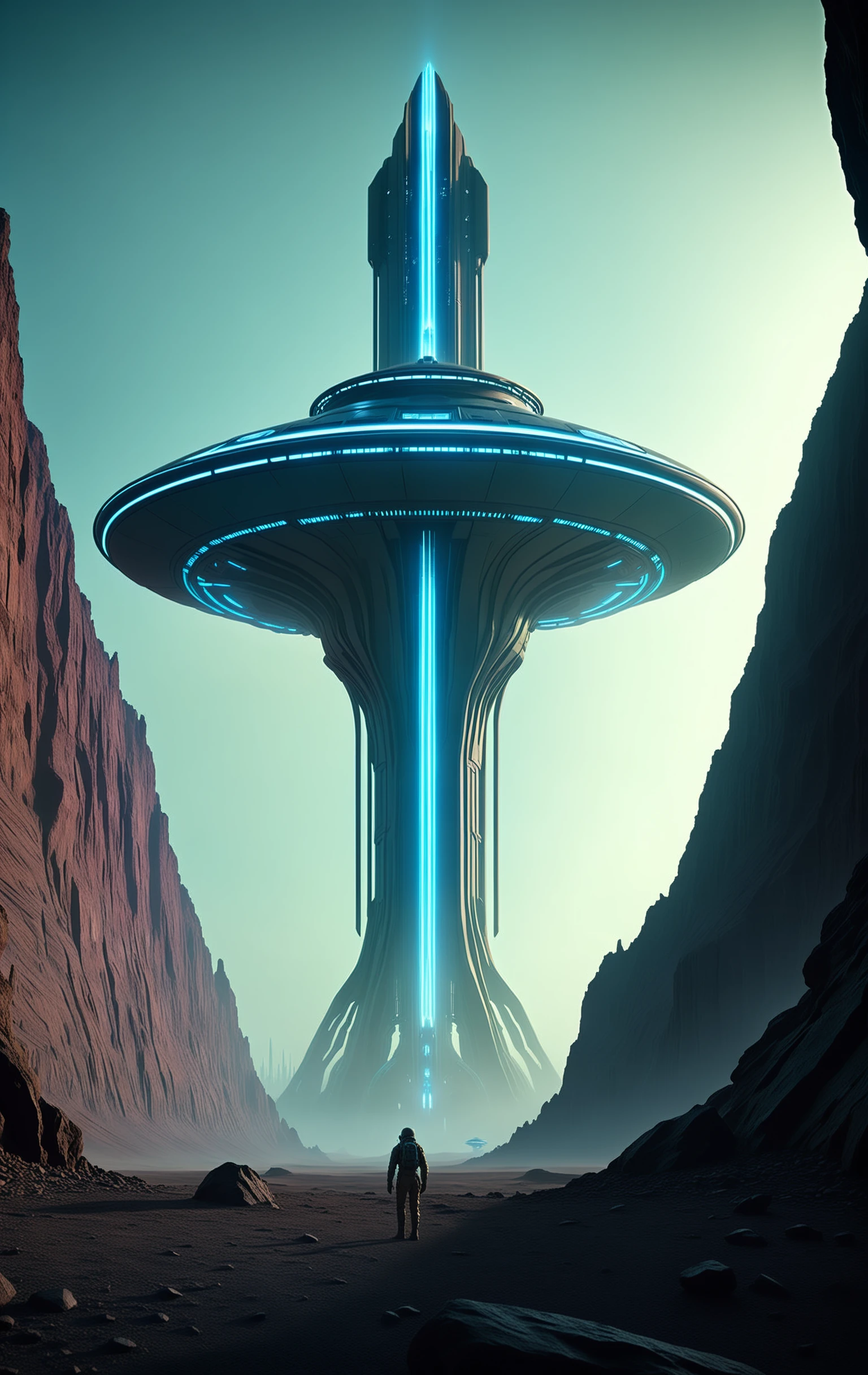 -A tense sci-fi scene set on a desolate planet, featuring towering alien architecture, flickering neon lights, and a group of human explorers. Atmospheric lighting, detailed textures, and hyper-realistic rendering bring the scene to life, while a sense of danger and tension permeates every frame. , cinematic moviendrei Tarkovsky , Janusz KamiÅski