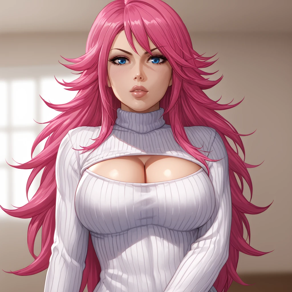 <lora:poisonstreetfighter_pony_v1:0.8> PoisonStreetFighter, 1girl, pink hair, large breasts,long hair, lips,  toned,  nail polish, blue eyes, makeup,  pink nails, cowboy shot,  <lora:open-chest-sweater-ponyxl-lora-nochekaiser:1> open-chest sweater, ribbed sweater, cleavage cutout, meme attire, clothing cutout, turtleneck, sweater dress, cleavage, clothes tug, sweater pull, cleavage reach,