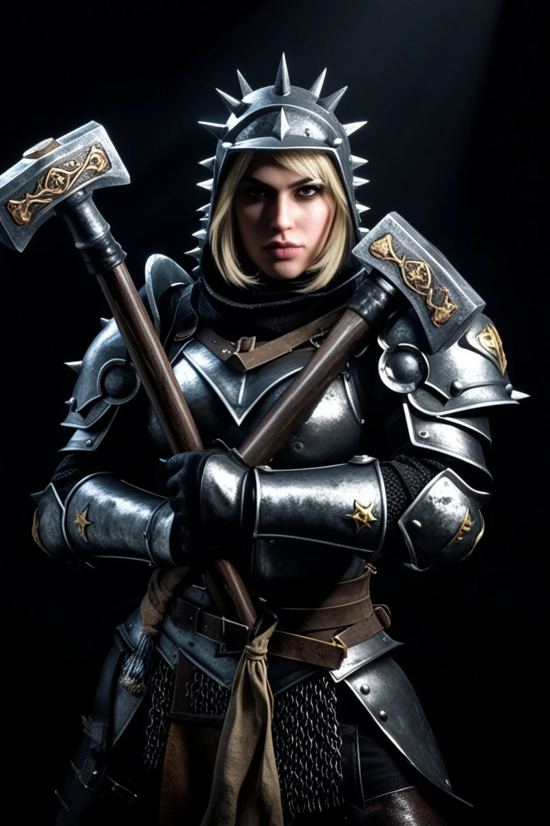 hires digital photo, photorealism, <lora:Bertha_Bestraufrung_Warhammer_XL_v1-000008BF:1> dark background, back lighting, upper body, bestraufrung solo, (arms crossed:1.2), dual wielding two war_hammers over own chest, shaded face, wearing fullarmor, spiked_cowl, helm, blonde hair, pauldrons, gauntlets, thighhighs, pelvic curtain, zettai ryouiki, dramatic lighting, single candlestand behind her, intricate details, high resolution,