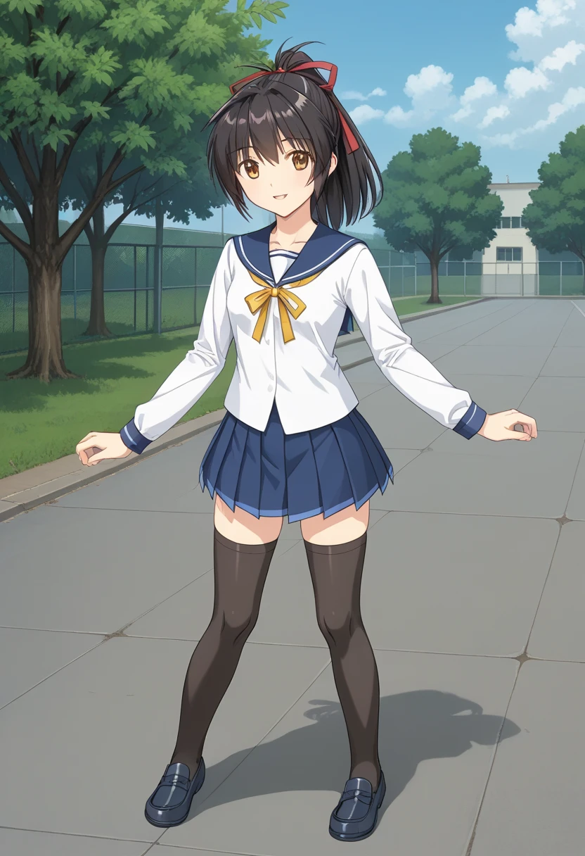 1girl, solo, koyoriamamiya, black hair, ponytail, hair ribbon, red ribbon, yellow eyes, brown eyes, white shirt, long sleeves, blue skirt, serafuku, yellow neck ribbon, black thighhighs, loafers, school uniform, outdoors, campus, standing, smile, full body, parted lips